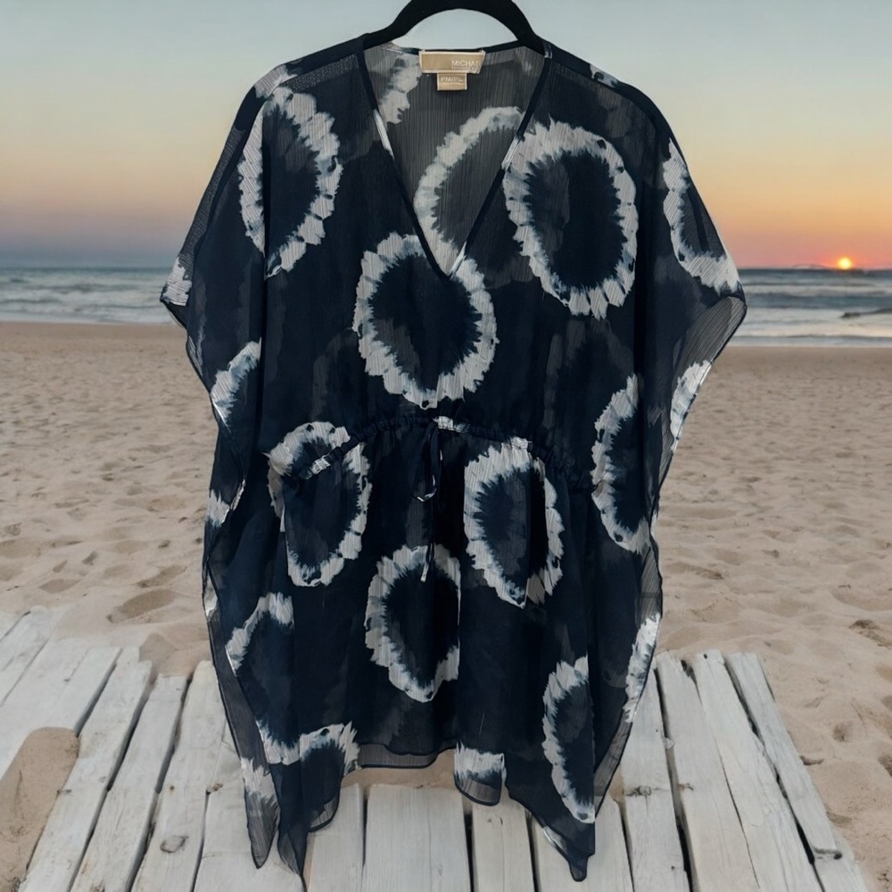 Michael‎ Kors Navy Blue White Tie Dye Cinch Waist Swim Cover up Sheer Size MP/LP